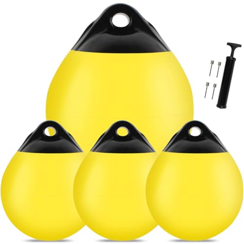 VEITHI 4 Pack 15 x 18 in Yellow Mooring Buoy Boat Buoy Balls Anchor Buoy Float Round Boat Fenders,Vinyl Inflatable Anchor Ball for Boat with Pump,Large Dock Bumpers for Lake/Anchoring/Marker