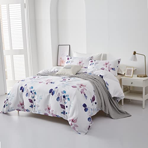 Jezivlo Floral Duvet Cover Set Queen Size White, Botanical Floral Plants Leaves Printed Colorful Foliage Reversible All Season Bedding Set With Zipper Closure (No Comforter) #TOP1
