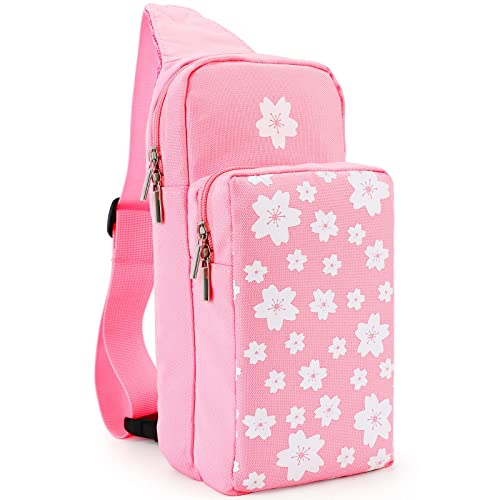 Owngen Cute Travel Bag for Nintendo Switch/OLED/Lite, Portable Shoulder Crossbody Sling Carrying Storage Backpack for NS Consolo, Charging Dock, Joy-Cons, Accessories, Girls, Women (Pink & White Sakura)