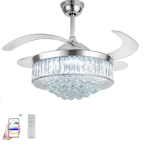 42" Smart Retractable Crystal Ceiling Fan with Light: Alexa/Google Home