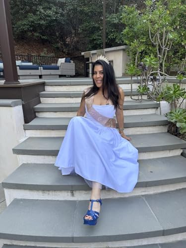 Image of Women Summer Halter Dress Low Cut Sleeveless A Line Tulle Swing Flowy Tea Length Dress Corset Prom Formal Ball Gowns