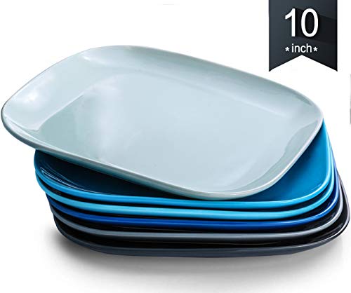 Dinner Plates, KOMUEE Porcelain Square Dinner Plates - 10 Inch - Set of 6, Cool Assorted Colors