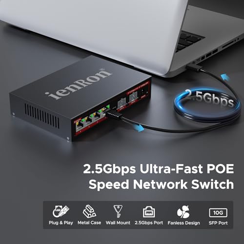 Image of 4 Ports 2.5Gb PoE Switch with 2-Port 10Gb SFP+ Ethernet, 6*2.5G POE +2*10G SFP Switches, 65W Fanless Metal IEEE802.3af /at, Wall Mountable for / AP /NAS /Security with Cable Cat5e,Cat 6 or Cat 6e