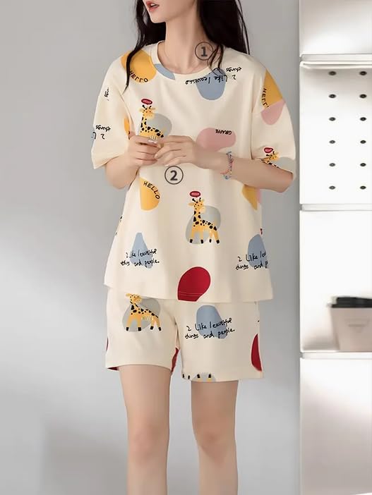 Image of Lunza Women's Cotton Blend Pajama Set, Short Sleeve T-Shirt and Shorts, Cute Bear Print Nightwear