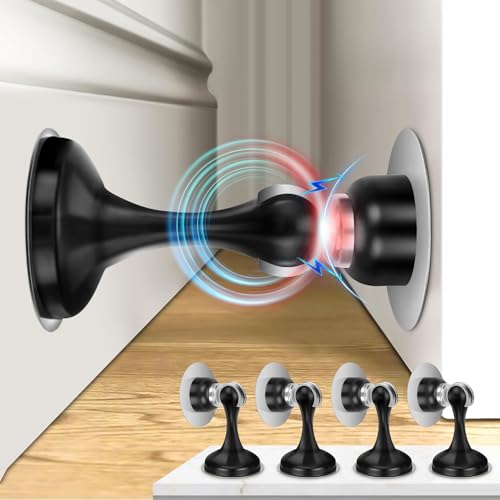 Magnetic Door Stop, Black Door Stoppers Magnetic Stainless Steel Wall Floor Mount Heavy Duty Modern Magnetic Door Catch Holder Metal Decorative Magnetic Doorstops Wall Protector, 4 Pack