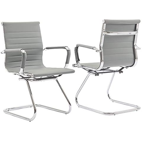 Guyou Office Reception Guest Chair Mid Back PU Leather Metal Leg Sled Base Conference Reception Room Chairs with Arms (Grey, 2 PCS) Cover