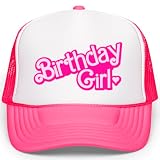 Birthday Girl Heart Hat for Women and Teens Trendy Pink Girly Adult Classic 5 Panel Mesh Snapback White/Neon Pink Trucker Hat