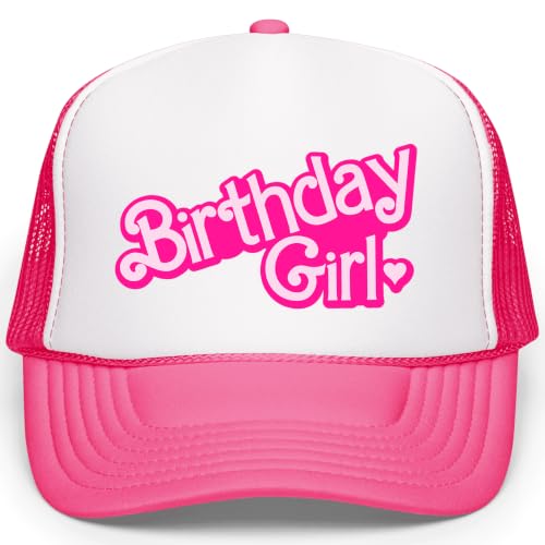 Birthday Girl Heart Hat for Women and Teens Trendy Pink Girly Adult Classic 5 Panel Mesh Snapback White/Neon Pink Trucker Hat
