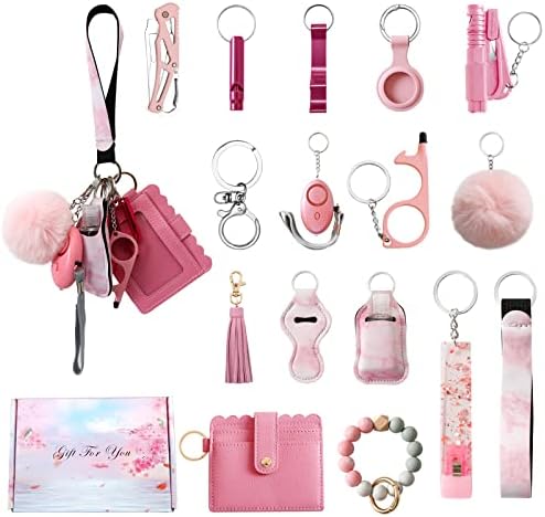 Tasmtto Keychain for Women Set with Wallet- Wristlet Strap Keychain with Pom Pom - Silicone Beaded Ring Bracelet Keychain Accessories Kit (Pink keychain set)