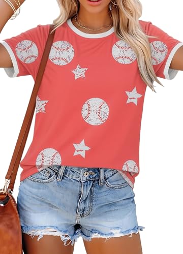 Baseball Shirts Women Game Day Shirt Softball Mom T Shirt Baseball Stars Print Graphic Casual Crew Short Sleeve Tops Red