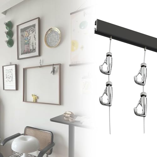 Sistema di sospensione regolabile per appendere quadri – Binario bianco da 114 cm con cavi in acciaio, ideale per decorazioni domestiche, supporta cornici da 63 a 203 cm, soluzione versatile per