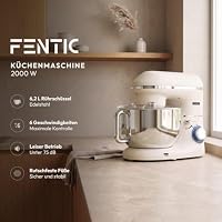 Fentic Küchenmaschine - 2000W - Edelstahl Rührschüssel (6,2 L) - Knetmaschine mit Rührhaken, Knethaken, Schlagbesen und Spritzschutz - Inkl. zusätzlichem Zubehör - Beige – Ansicht 2