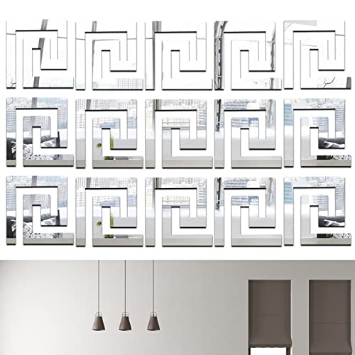 32Pcs Diy Mirror Stickers Wall Decals, Peel And Stick Mirror Tiles Borders, Removable Adhesive Wall Stickers For Home Art Room Bedroom Background Decoration (Geometric Greek Key Pattern, Siliver) #TOP8