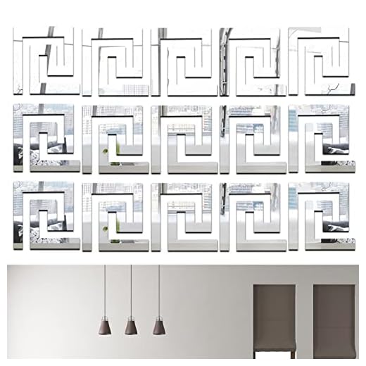 32Pcs DIY Mirror Stickers Wall Decals, Peel and Stick Mirror Tiles Borders, Removable Adhesive Wall Stickers for Home Art Room Bedroom Background Decoration (Geometric Greek Key Pattern, Siliver)
