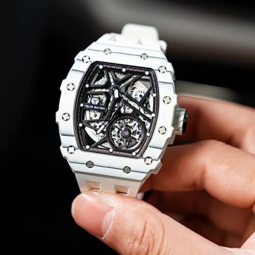 Image of TSAR BOMBA Men's Automatic Watch Tonneau Luxury Skeleton Watches for Men Mechanical 50M Waterproof Analogue Watches Mens Unique Cool Square Big Face Dial Wristwatch with Silicone Strap Band