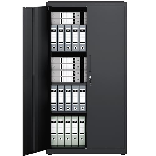 LANDVOI Steel Storage Cabinet 4-Tier Lockable Cabinet with Adjustable Shelves Double-Door Cupboard Storage For Home Office Storage 40×80×151.5cm Tall Cabinet Black