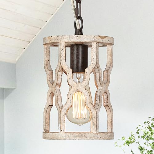 Image of KSANA Wood Pendant Light, Farmhouse Rustic Cage Lantern Hanging Light Fixture for Kitchen Island, Foyer, Hallway, Bedroom and Entryway