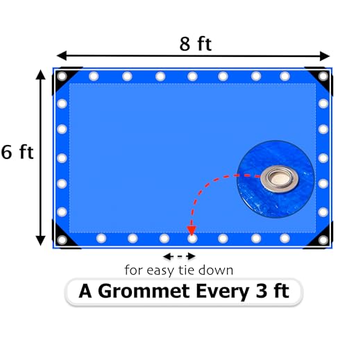 6\' x 8\' Large Multi-Purpose Waterproof Light Weight Heavy Duty Poly Tarp Grommets Every 36\", 3.5 Mil 6x8 Thick, for Home, Boats, Cars, Camping, UV Resistant, Rip/Tear Proof Tarpaulin