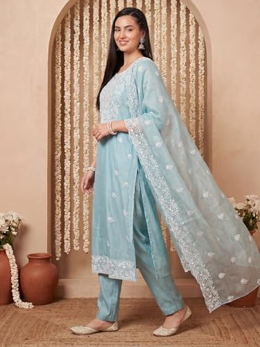 Image of INDO ERA Women's Straight Cotton Kurta Palazzo with Dupatta Set | Cotton kurta sets for women