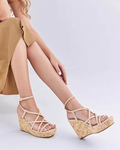 Image of Coutgo Women Platform Wedge Sandals Cork Slingback Wedges Espadrilles Heels Summer Shoes