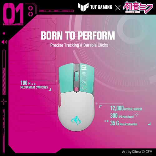 Image of ASUS TUF Gaming Hatsune Miku Edition Mini Wireless Mouse - Right-Handed, 65g Lightweight, Compact, Tri-Mode Connectivity, 12K DPI, up to 134Hr Battery, RGB Miku Logo, PC /Mac Support - Aqua