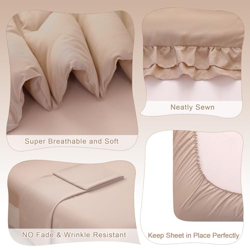 Image of Toddler Bedding Set for Girls, 4 Piece Double Ruffles Soft and Breathable Toddler Bed Sheets with Boho Toddler Comforter, Fitted Sheet, Flat Sheet and Pillowcase, Khaki
