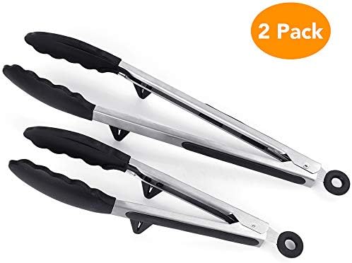 MCOMCE Silicone Tongs, 2 Pack Kitchen Tongs with Silicone Tips for Cooking, Premium BPA Small Rubber Tongs, Stainless Steel Cooking Tongs Non-Stick BBQ Grilling Locking Tongs, 9-Inch & 12-Inch