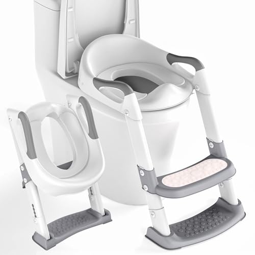 Potty Training Toilet Seat, Adjustable Toddlers Potty Toilet Trainer With Steps Non Slip Handle & Soft Cushion Foldable Travel Toilet Seat Toddler Chi