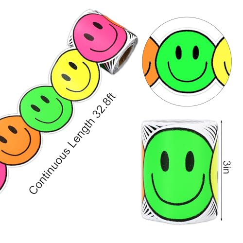 Image of Whaline 32.8ft Neon Happy Face Bulletin Board Border Bright Color Smile Face Die-Cut Border Trim for Back to School Chalkboard Wall Decoration