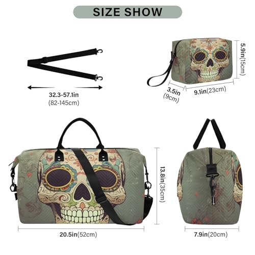 Large Travel Duffel Bag, White Mexican Skull Sports Tote Gym Bag, Shoulder Weekender Overnight Bag for Women Men, Carry On Luggage with Toiletry Bags3