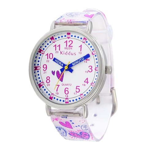 Kiddus Reloj Educativo para niña, Chica, Chico. De Pulsera, analógico. Time Teacher fácil de Leer para Aprender la Hora. Ejercicios incluídos. Mecanismo de Cuarzo japonés. Corazones Manillas escritas