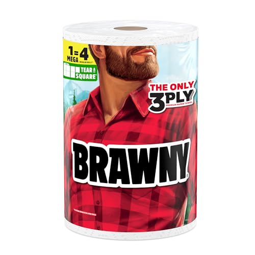 Image of Brawny Tear-A-Square 3-Ply Paper Towels, 1 Mega Roll = 2 Regular Rolls
