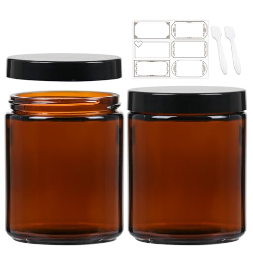 8 oz Amber Round Glass Jars, Pack of 2 with Black Lids, Cosmetics Containers for Face Cream Lotion, Powder, Candle, Spice, Body Butter