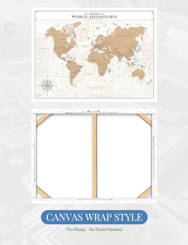 Image of IPIC - Vintage Push Pin World Map Canvas Wall Art, Oversized Travel Map Print for Travel Lovers, Push Pin Wall Decor for Home, Office, Study or RV, Ready to Hang