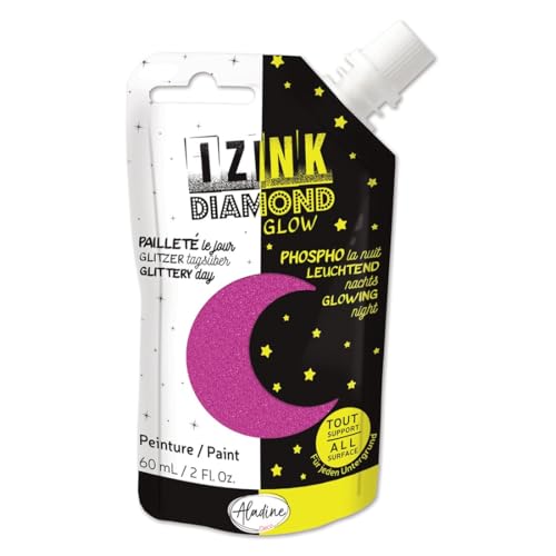 Aladine - Izink Diamond Glow - Peinture Pailletée le Jour, Phosphorescente la Nuit - Ultra Couvrante, Tout Support - DIY et Loisirs Créatifs - Gourde Souple 60 ml - Rose 82097