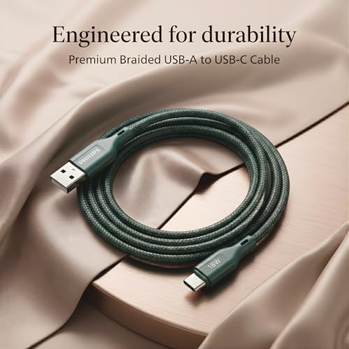 Image of PHILIPS DLC4160AT /94 18W Type-A to Type-C Fast Charging Cable (2m, Crystal Teal) | Nylon Braided | Compatible with iPhone 15+ Series, USB-C iPad Models, Samsung Galaxy & All Type C Devices