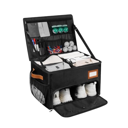 XHGWJSX 2 Layer Golf Trunk Organizer, Golf Organizer with 2 Pairs Shoes Compartment, Golf Storage Waterproof Car Trunk Locker for Balls, Caps, Clothes, Gloves, Accessories, Gifts for Golfers (Black)