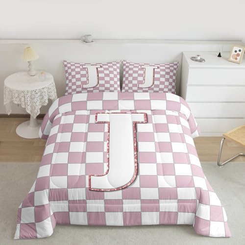 Image of Erosebridal Pink Initial J Toddler Bedding Set Kawaii Plaid Checkered Comforter Set for Kids Girls Teen Women Cute Personalized Monogram Down Comforter,Fashion Grids Gingham Quilt Duvet