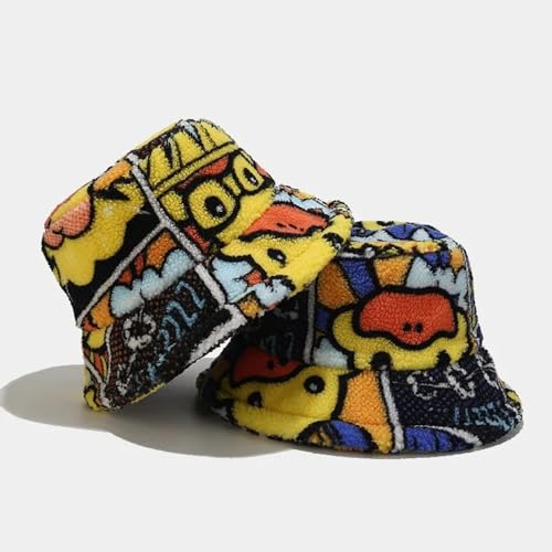 YUEZHAN Bucket Hat Hut Damen Herren Winter Cartoon Gelbe Ente Eimer Hüte Männer Frauen Hut Druck Warme Fischer Kappe 56-58Cm 23