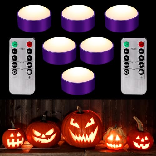 Image of Riakrum 6 Pieces Halloween Remote Timer LED Lights with Remote Summer Halloween LED Pumpkin Lights Battery Operated Lantern Bright Flameless Candle(Purple,Warm Light)