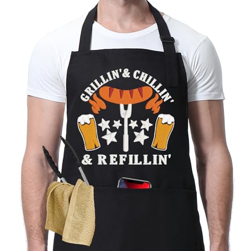 Miracu Beer Lover Chef Apron, Grilling Gifts for Men - Funny BBQ Grill Aprons for Men w/3 Pockets, Christmas, Birthday Gifts for Grill Dad, Boyfriend, Husband, Brother, Male Friends, Aprons for Men