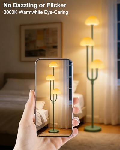 Image of Lightdot 66IN Mushroom Floor Lamp 3-Lights Vintage Floor Lamps with Bulbs Included Modern Dimmable Tall Standing Lamp with 5Lbs Heavy Base for Living Room /Bedroom /Sofa Beside /Corner Decor-Green