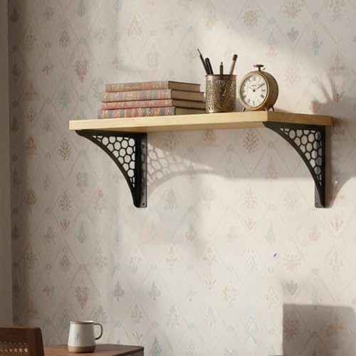 Image of Wall Shelf with Wooden Top Black|White Iron Brackets Storage Rack|Industrial Wall-Mounted Floating Shelf for Living Room,Kitchen,Bathroom (Black Hexagon Small)