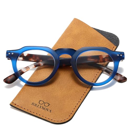 JOLLYNOVA Reading Glasses RT95 for Men & Women Round Blue Light Blocking Readers Lightweight Spring Hinge UV Protection (Blue Tortoise & Single Vision 1.5 Diopters)