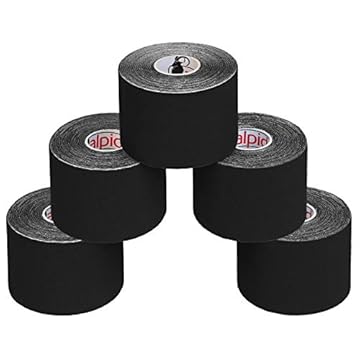 ALPIDEX 5 Rotoli Nastro Kinesiologico 5 m x 5,0 cm Tanti Colori E-Book Esempi Applicazione Tape Kinesiologico Muscolare Cerotto, Colore:nero