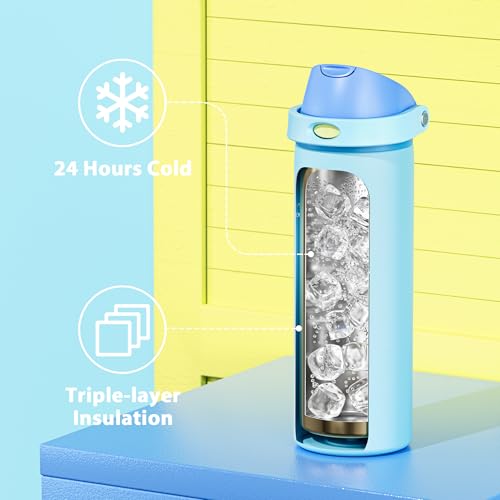 Image of 24 oz Insulated Water Bottle for Men: Meoky Stainless Steel Water Bottle with 2-in-1 Straw and Spout Lid - Leak Proof, Cold for 24 Hours, Fits in Car Cup Holder, BPA-Free for Sports Travel, Azure