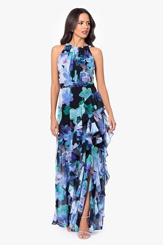 Image of Betsy & Adam Women's Elegant Long Chiffon Floral Dress with Ruffle Detail and Tie Neck, Black /Teal, 8