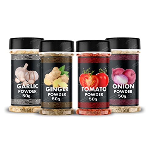 HARIBAS Combo Dry Onion Powder, Garlic Powder, Ginger Powder (Adrak/Sunth) and Tomato Powder 50gm Each | For Cooking & Baking | Gluten Free Seasoning