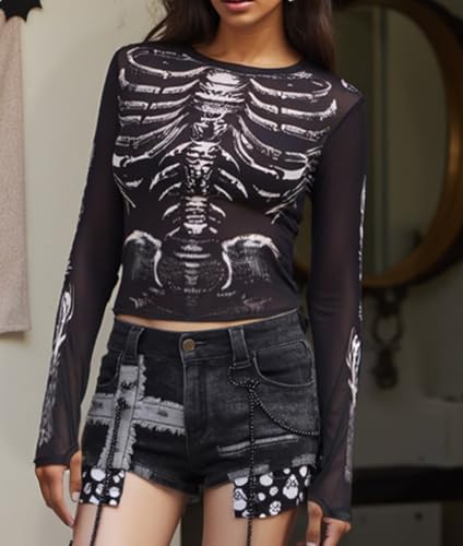 Adoeren Women Skeleton Print Mesh Shirt Gothic Graphic See Through Long Sleeve Crop Tee Blouse Slim Fit Sheer Top Party4