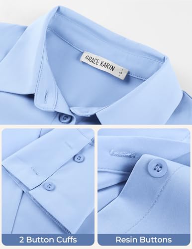 GRACE KARIN Womens Button Down Shirts,Long Sleeve Collared Dress Shirt,Wrinkle-Free Work Blouse Office Tops Light Blue XL — view 5